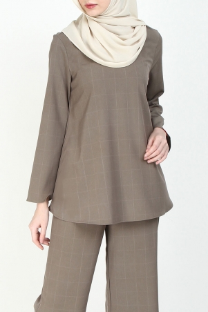 Manion Flared Blouse - Warm Taupe Check