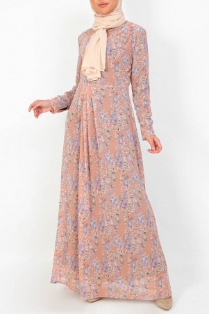 Tildah Decorative Pleat Dress - Rose Brown Floral