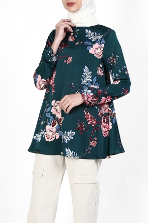 Merai Flared High Neck Blouse - Green Red Flora