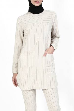 Petra Curved Hem Tunic - Light Beige/Black Stripe