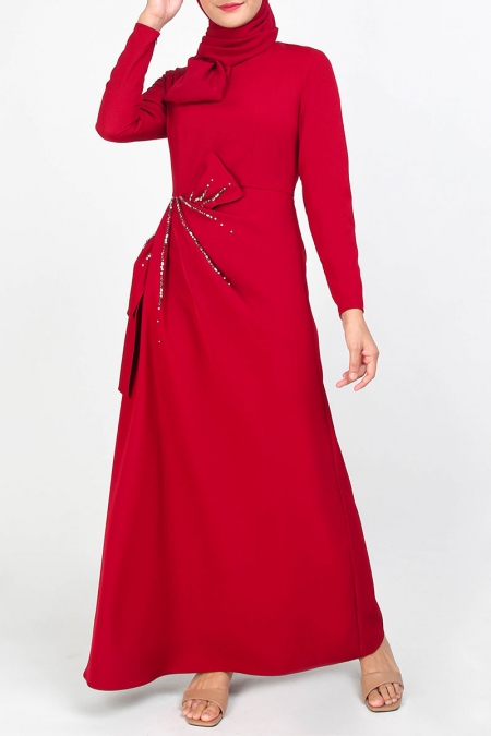 Wilhelma Embellished Pleat Dress - Deep Red