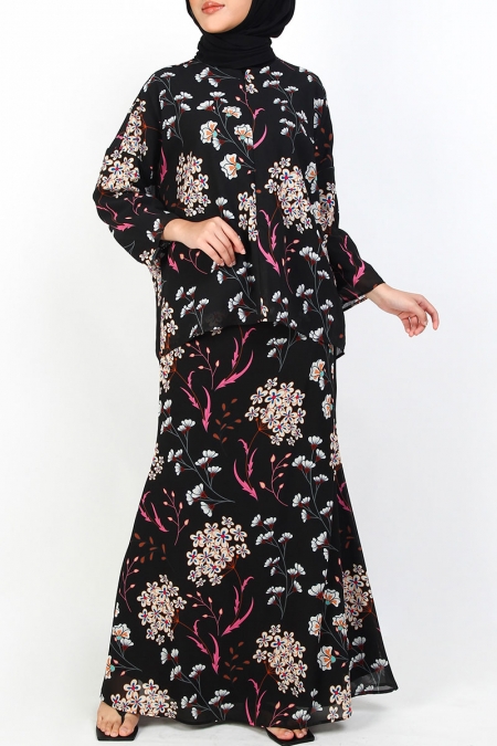 Marjia Blouse & Skirt - Black/Pink Floral