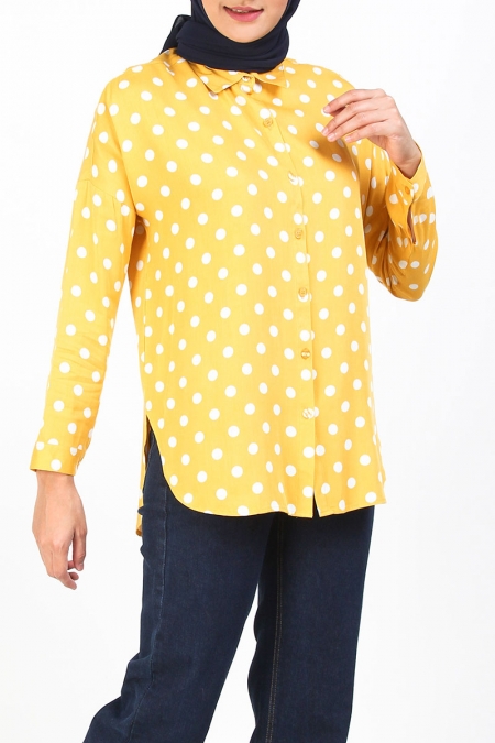 Jadira Front Button Shirt - Yellow/White Polka