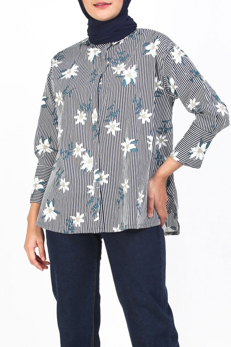 Nana Drop Shoulder Shirt - Navy Stripe Flora