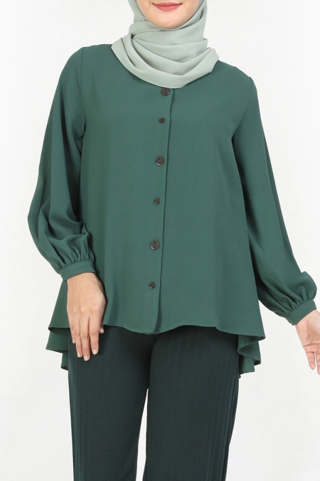 Arlette Front Button Blouse - Forest Green