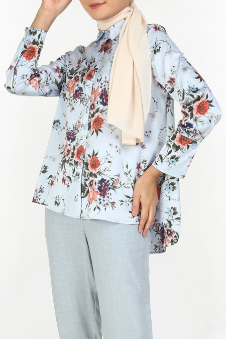 Itzayana Front Button Shirt - Blue/Brown Floral