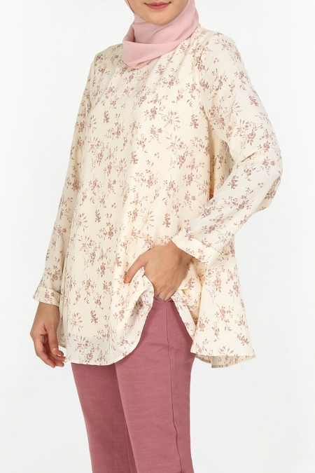 Merai Flared High Neck Blouse - Cream/Taupe Floral