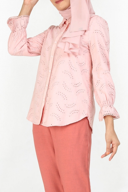 Carinna Front Button Eyelet Shirt - Dusty Pink Leaf