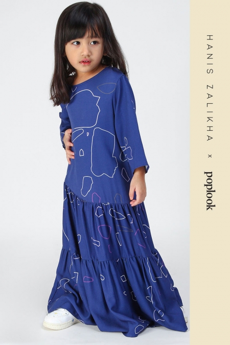 KIDS Delinan Gathered Tier Dress - Navy Outline Terazzo