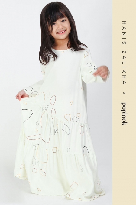 KIDS Delinan Gathered Tier Dress - Cream Outline Terazzo