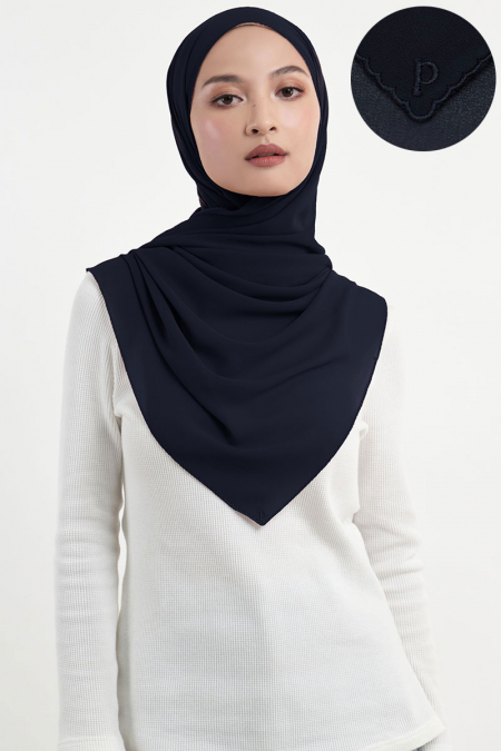 Maisy Scallop Embroidery Headscarf - Graphite Blue