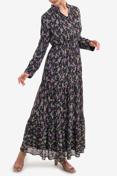 Lakita Gathered Tier Maxi Dress - Black Floral