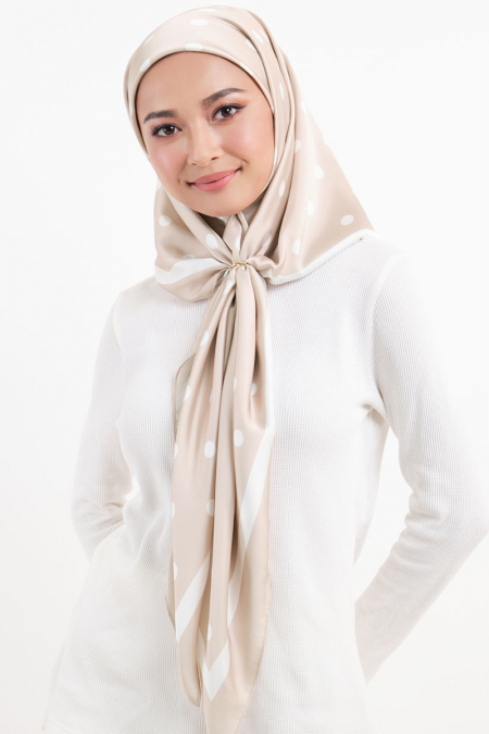 PRE-ORDER Andie Satin Printed Square Headscarf - Beige/White Dots