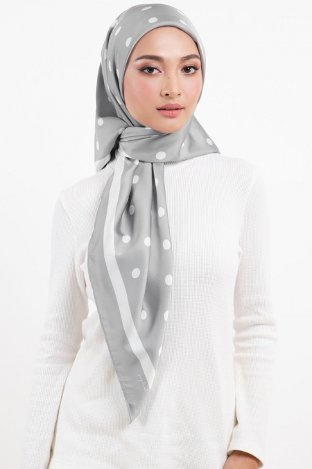 Andie Satin Printed Square Headscarf - Grey/White Dots