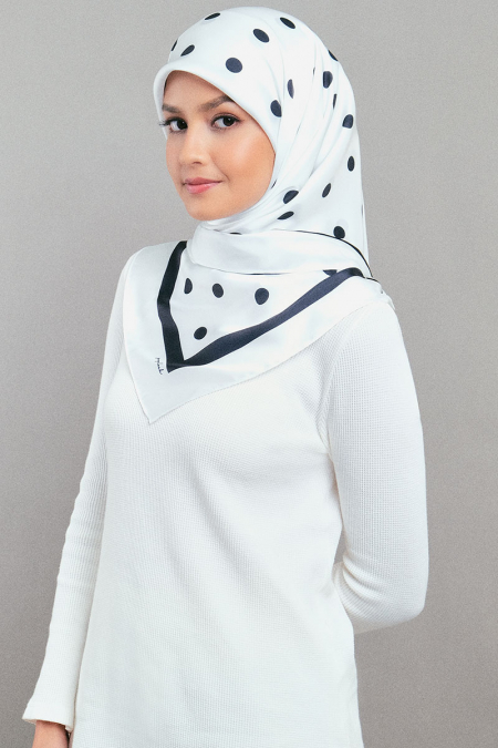 Andie Satin Printed Square Headscarf - White/Black Dots