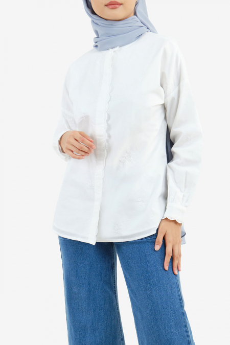 Ricaela Frilled Neck Embroidered Blouse - White