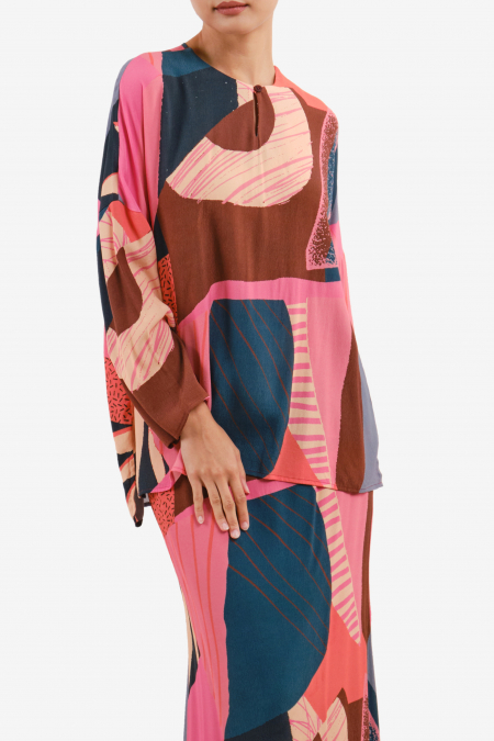 Haryati Drop Shoulder Rayon Blouse - Pink/Teal Abstract