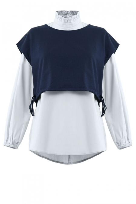 Galena Frilled Neck Blouse - Silver/ Eclipse