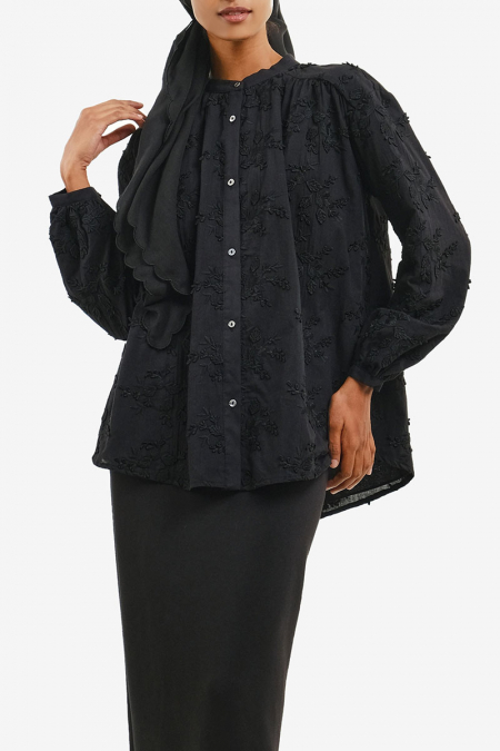 Lurena Embroidered Front Button Blouse -  Black