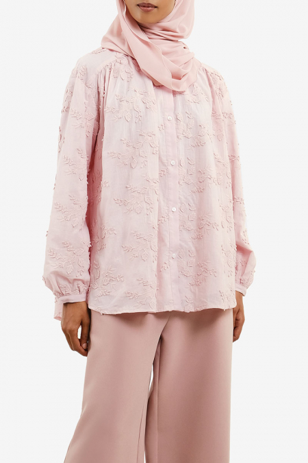 Lurena Embroidered Front Button Blouse -  Light Pink