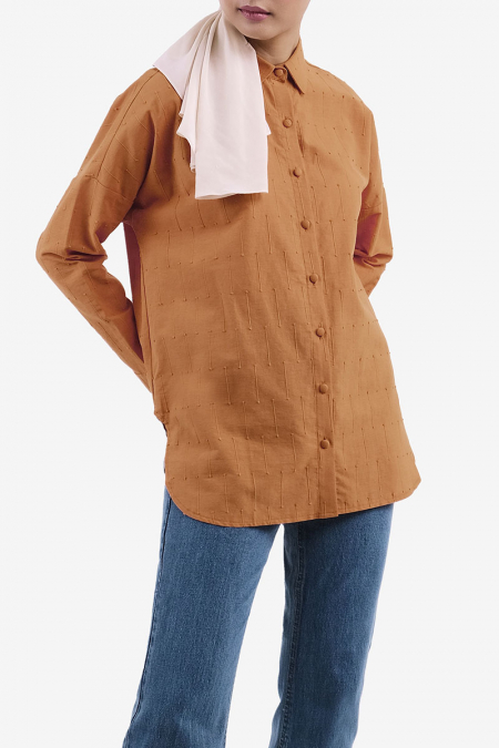 Rida Embroidered Front Button Shirt - Caramel