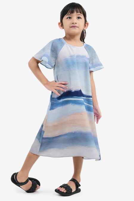 KIDS Elia A-Line Dress - Blue/Beige Paint