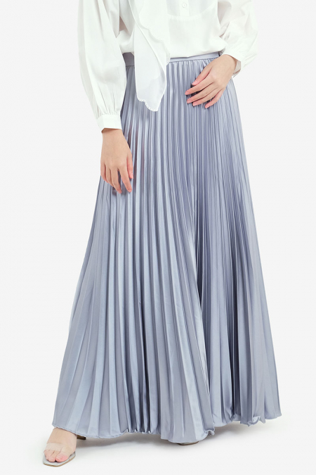 Yohanna Satin Pleated Skirt - Silver Blue