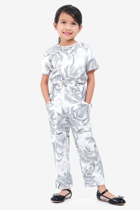 KIDS Taigen Tapered Pants - White/Navy Leaves