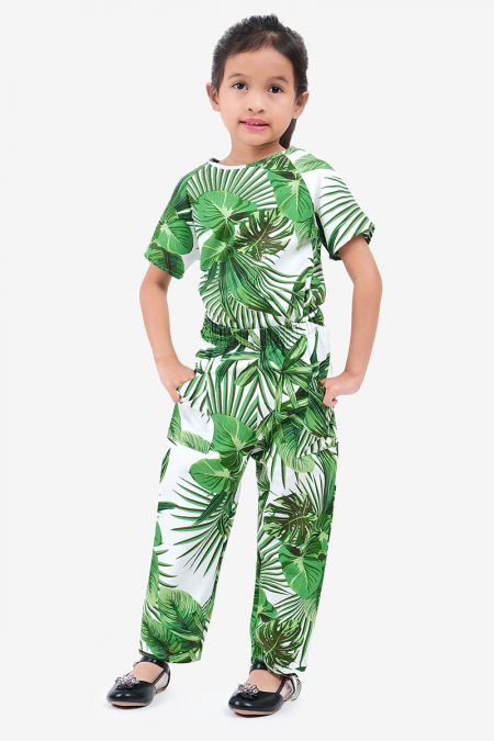 KIDS Taigen Tapered Pants - White/Green Leaves