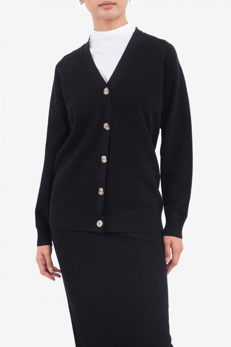 Amandine Ribbed Front Button Cardigan - Black