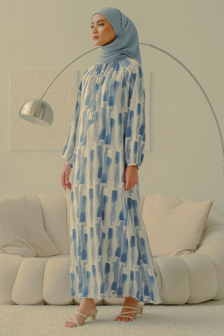 Jetanne Henley Dress - Blue Brush Strokes