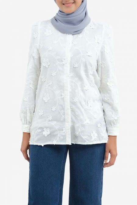 Fronia Embroidered Front Button Blouse - White