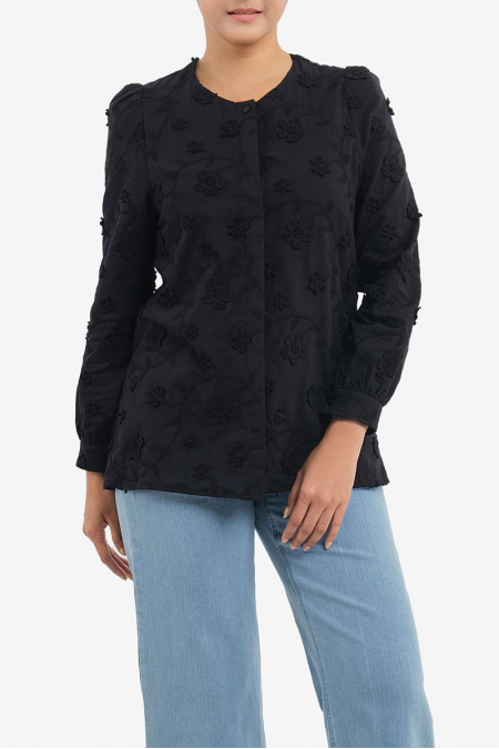 Fronia Embroidered Front Button Blouse - Black