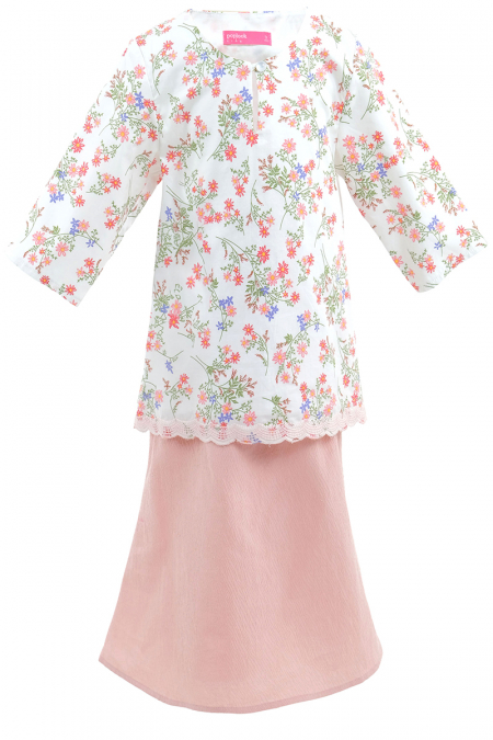 KIDS Cengkih Set - White Print/Pink