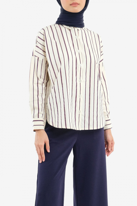 Lilyanne Front Button Shirt - Sand/Navy Stripes