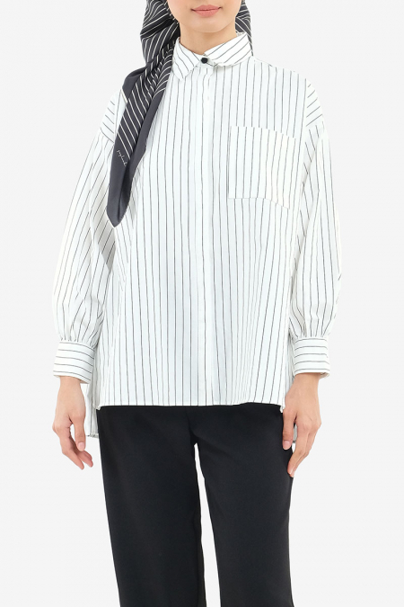Makena Front Button Shirt - White/Black Stripes