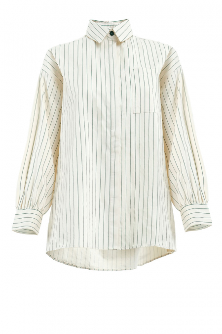 Makena Front Button Shirt - Cream/Green Stripes