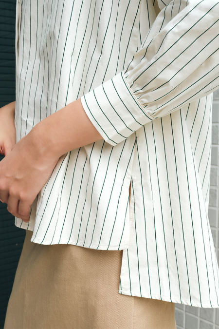 Makena Front Button Shirt - Cream/Green Stripes