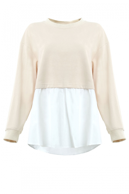 Ezmarie Round Neck Blouse - Oatmilk/White