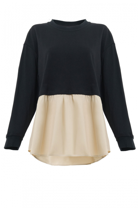 Ezmarie Round Neck Blouse - Black/Beige