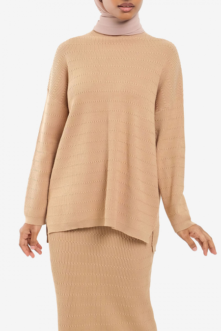 Triya Knitted High Neck Blouse - Cafe