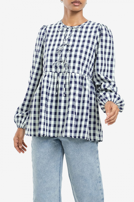 Sarafina Gathered Waist Blouse - Navy Checkered