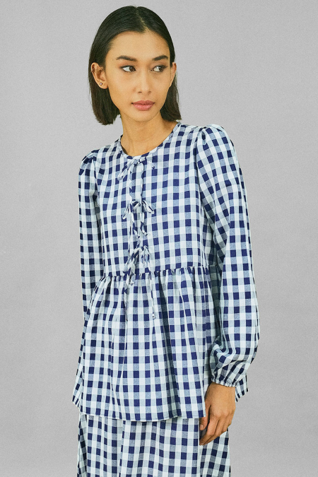 Sarafina Gathered Waist Blouse - Navy Checkered