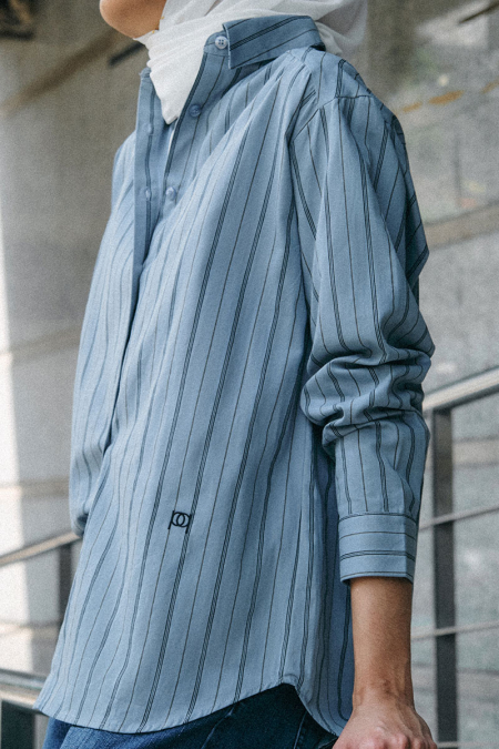 Pollyanna Front Button Shirt - Dusty Blue Stripes