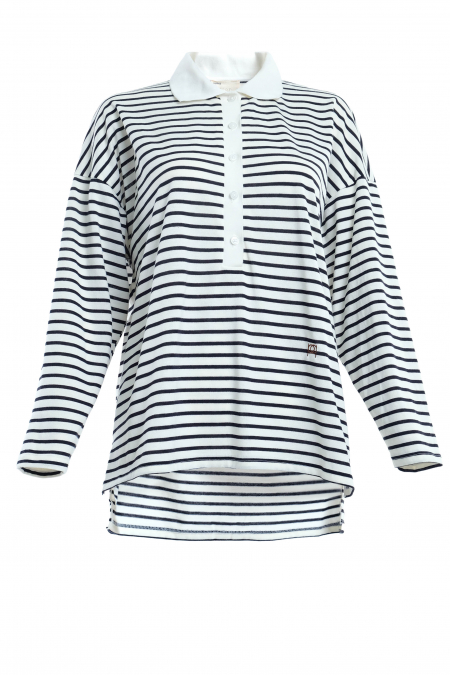 Darian Drop Shoulder Polo Top - White/Black Lines