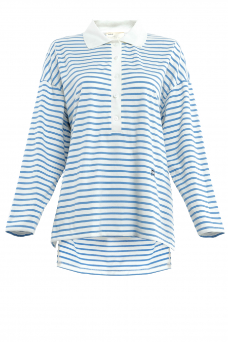 Darian Drop Shoulder Polo Top - White/Blue Lines