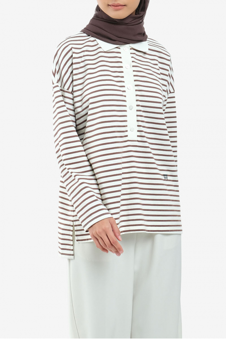 Darian Drop Shoulder Polo Top - White/Brown Lines