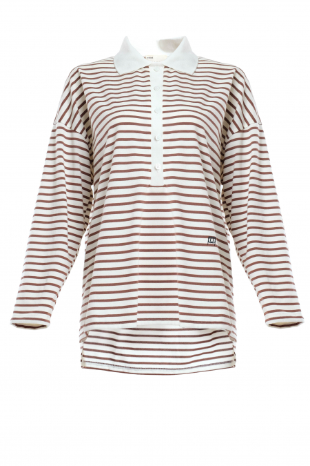 Darian Drop Shoulder Polo Top - White/Brown Lines