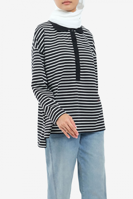 Darian Drop Shoulder Polo Top - Black/White Lines