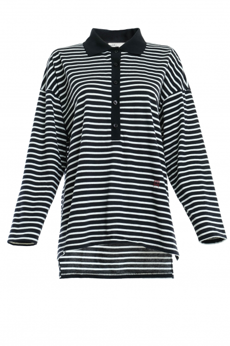 Darian Drop Shoulder Polo Top - Black/White Lines